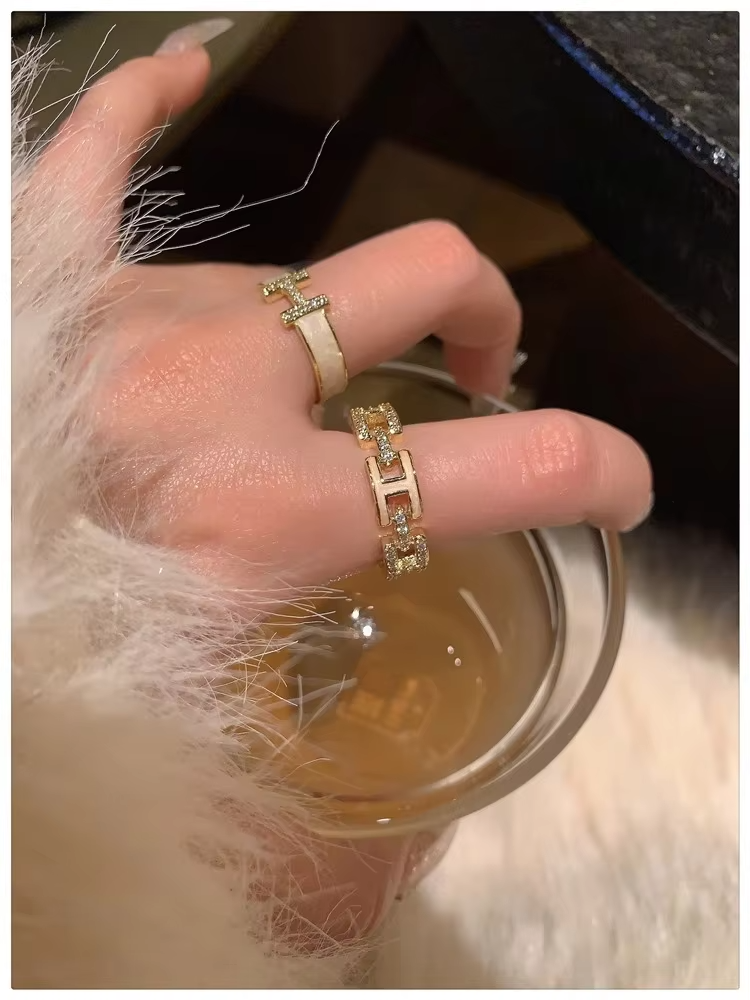 Custom H Letter Enamel Ring Gold-Plated Open Style with Zircon - Image 6