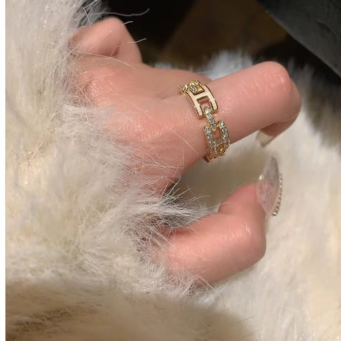 Custom H Letter Enamel Ring Gold-Plated Open Style with Zircon - Image 4