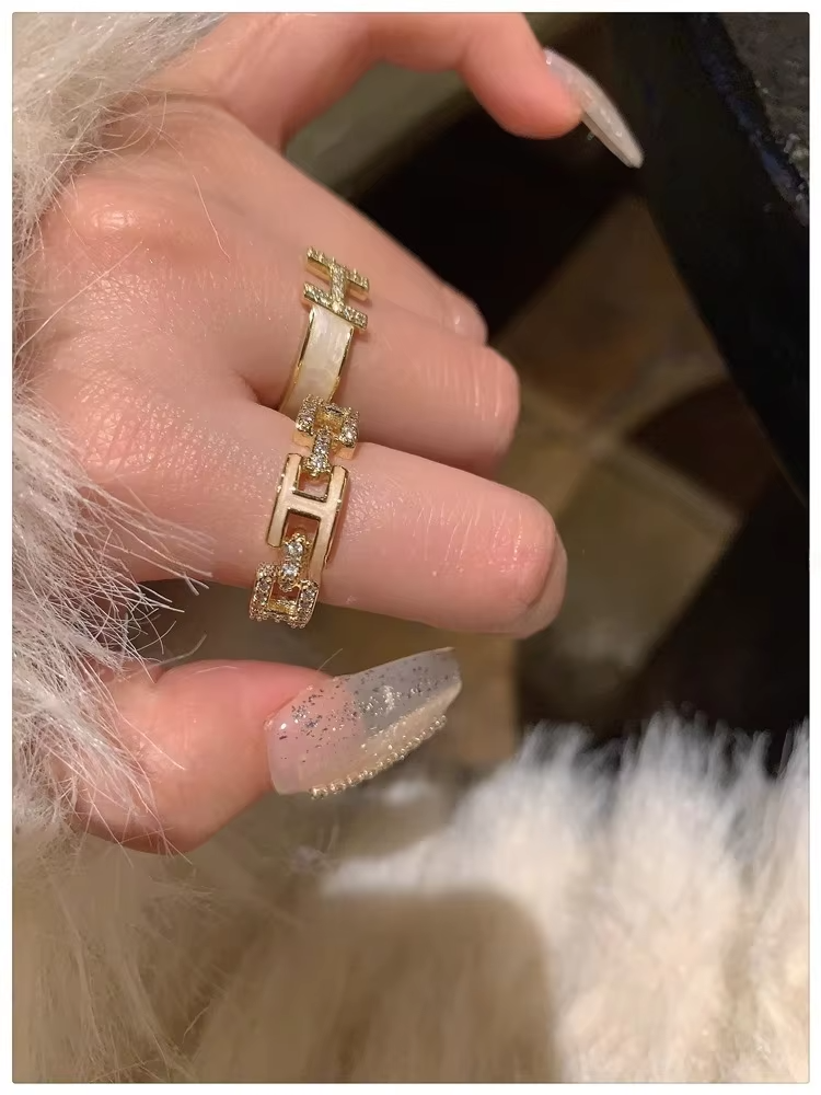 Custom H Letter Enamel Ring Gold-Plated Open Style with Zircon - Image 2