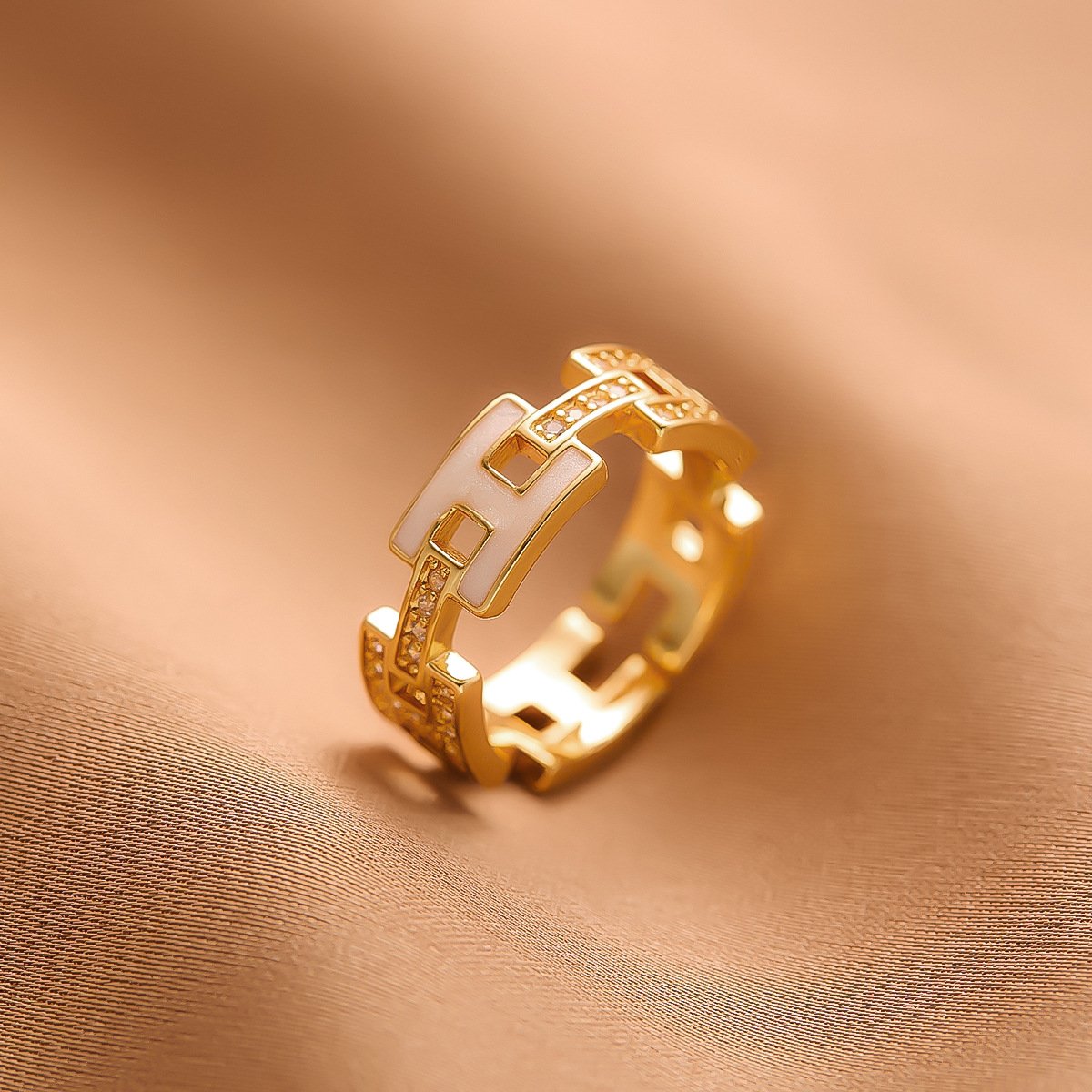 Custom H Letter Enamel Ring Gold-Plated Open Style with Zircon
