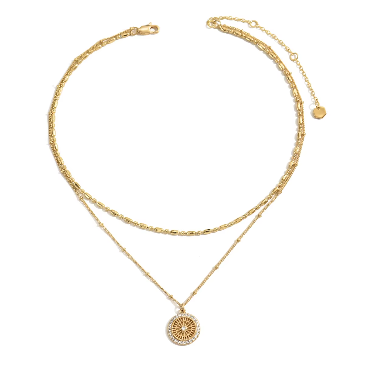 Elegant Gold Layered Necklace Set with Crystal Medallion Pendant